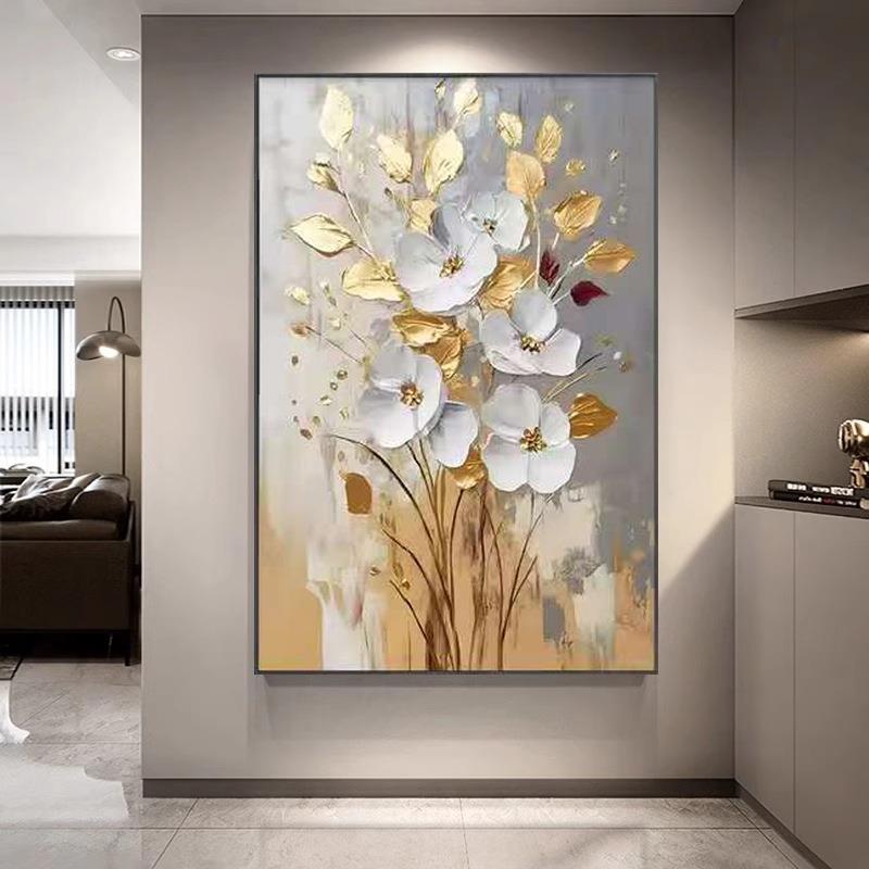 花卉手绘油画大芬村抽象玄关挂画客厅装饰画现代轻奢肌理壁画