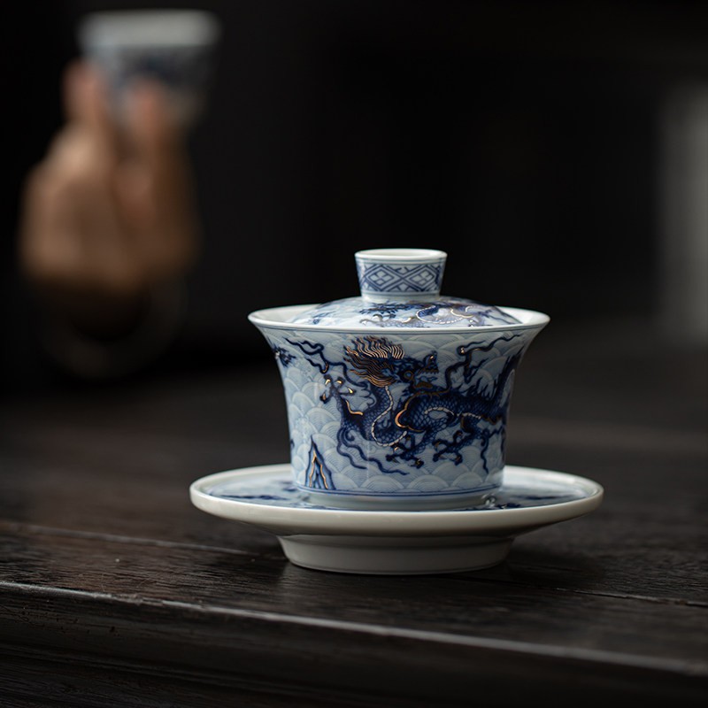 金银错龙纹陶瓷三才盖碗单个高档中式复古泡茶家用不烫手岩茶茶碗