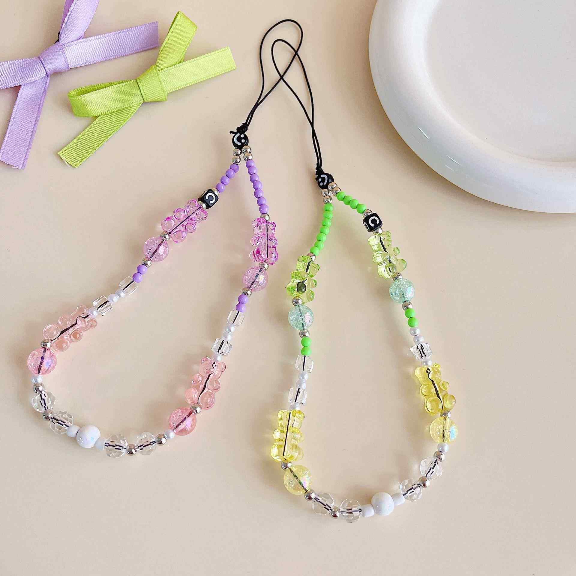 ins网红水晶小熊珍珠轻奢甜酷少女心手工串珠手机链条挂绳设计款