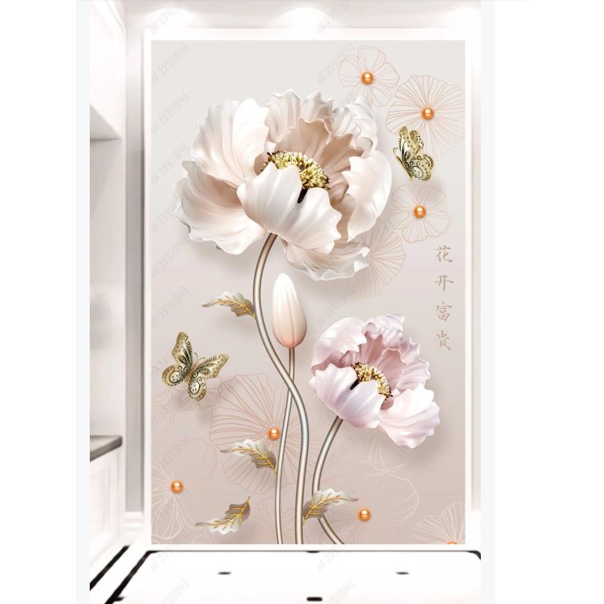 3D立体浮雕牡丹花开富贵玄关背景墙壁纸走廊过道竖版进门墙壁画