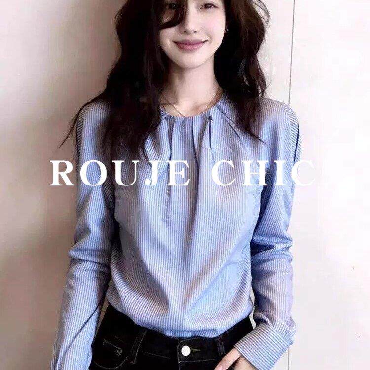法国rouje chic法式气质圆领抽褶蓝白条纹衬衫女春季通勤百搭上衣
