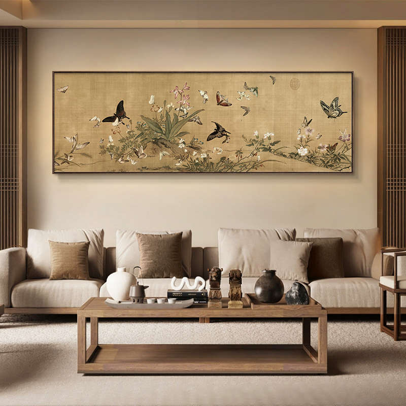百蝶图客厅装饰画新中式沙发后背景墙挂画茶室中古风花鸟壁画带框