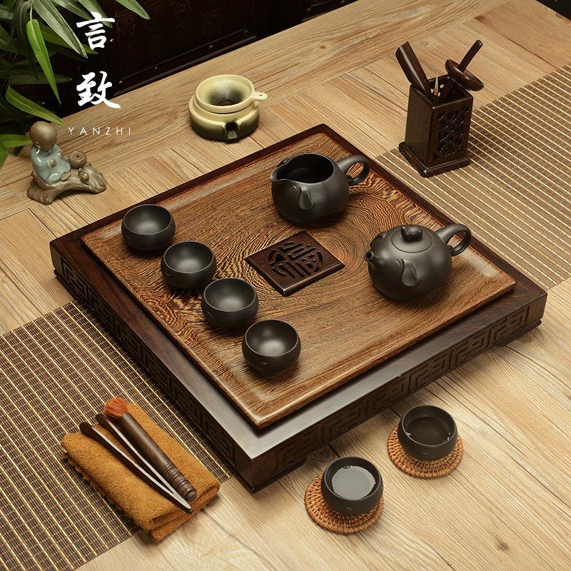 言致整块鸡翅木茶盘家用黑檀实木茶台排水茶海茶托盘紫砂茶具套组