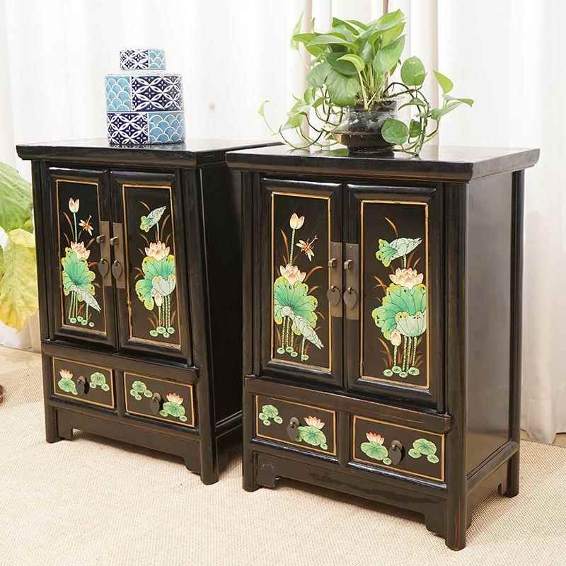 新中式床头柜榆木边柜卧室家储用收纳物柜手YFO工古彩绘柜典仿现