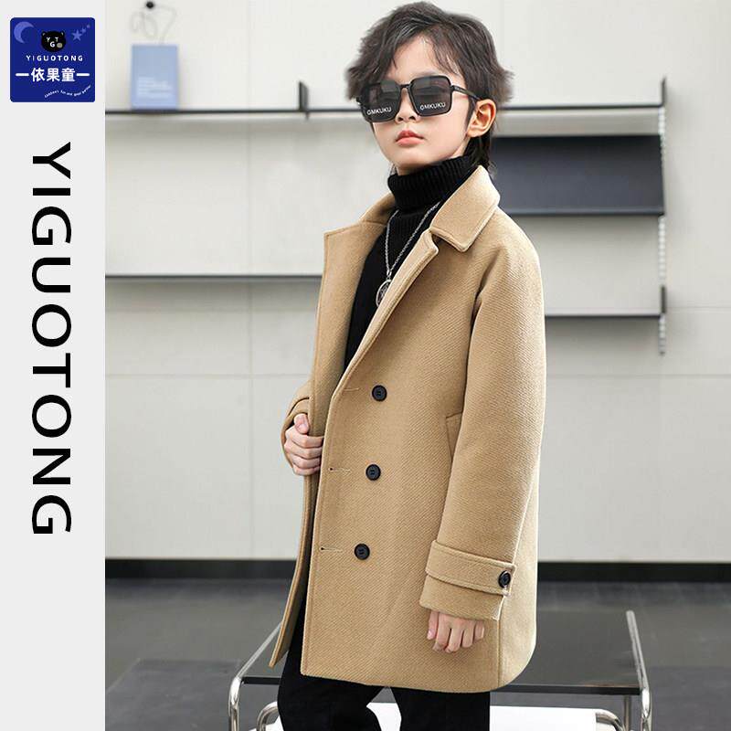 2025新款秋冬男童双排扣洋气毛呢大衣加厚儿童翻领中长款毛呢外套