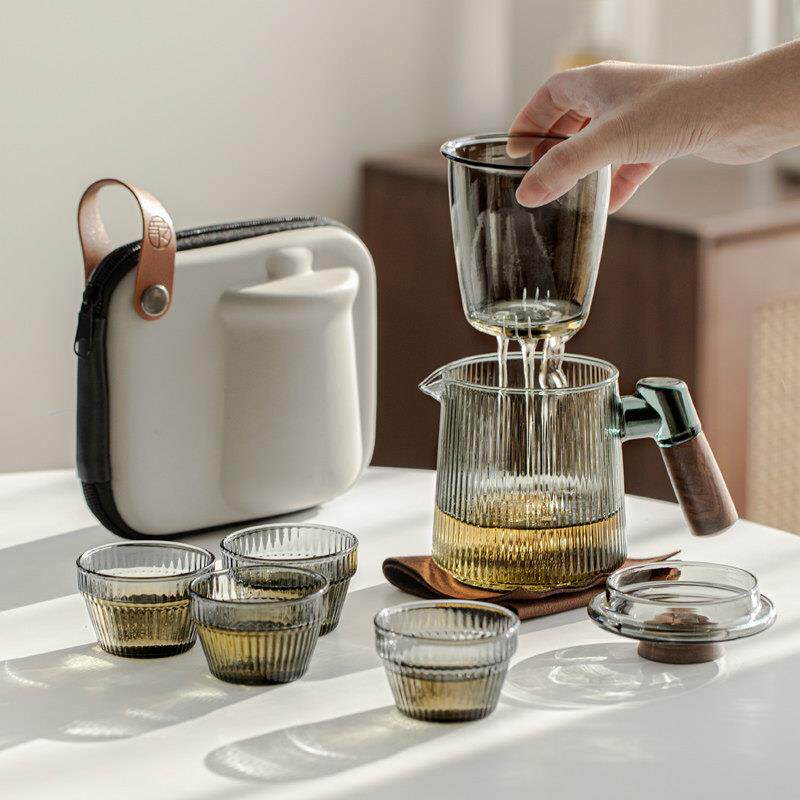 旅行功夫茶具套装便携式泡茶壶玻璃快客杯一壶四杯户外露营泡茶具