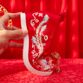 原创红色古风汉服婚鞋中式复古秀禾婚鞋高跟新娘，结婚鞋坡跟绣