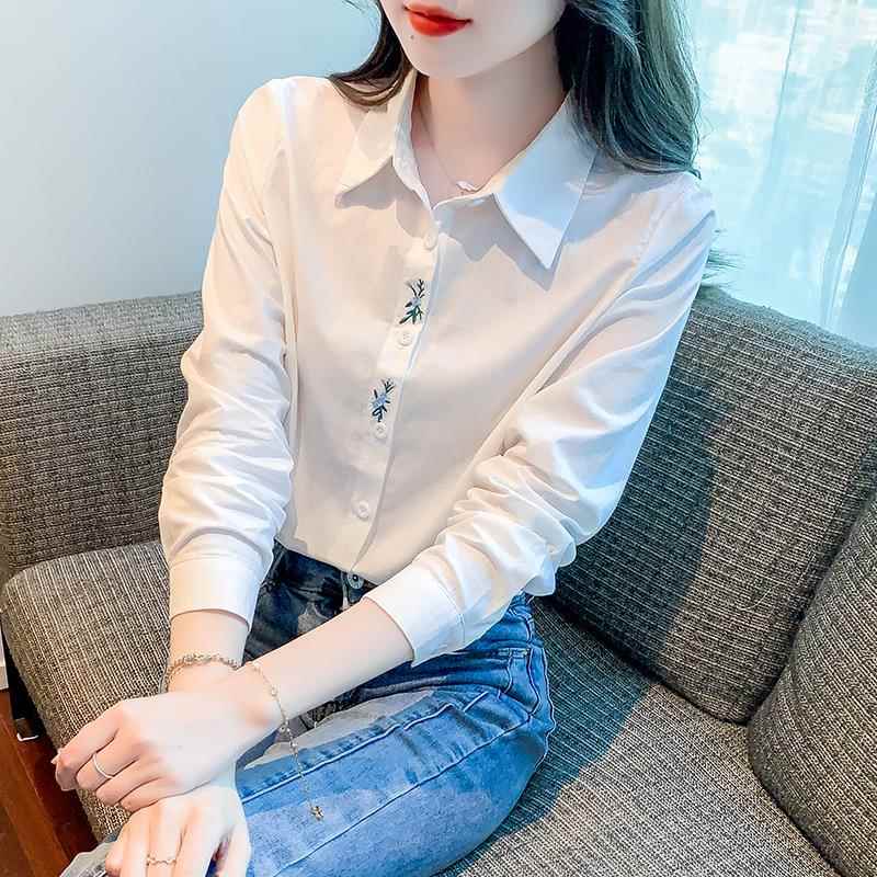 香港TIMO春季纯棉刺绣白色衬衫女长袖气质全棉上衣遮肚洋派衬衫
