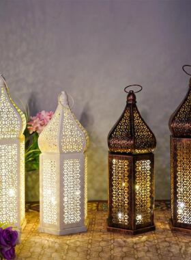 跨境led铁艺风灯古铜镂空灯笼家居氛围摆件装饰灯可悬挂六角铁制