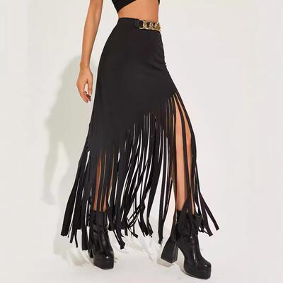 Women Faux Camel Fringe Hem Skirt Casual Spring Summer
