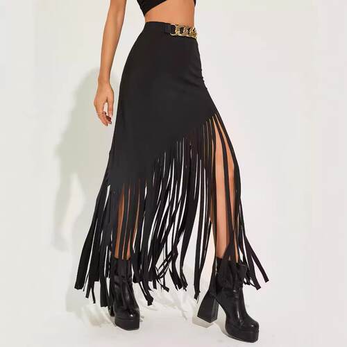Women Faux Camel Fringe Hem Skirt Casual Spring Summer