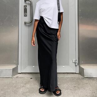 2025秋季 鱼尾裙及踝长裙 通勤仿醋酸黑色高腰半身裙女气质收腰法式