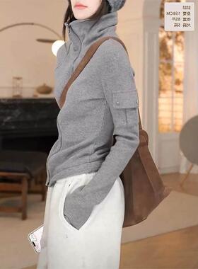 灰色双拉炼高领卫衣外套女秋冬2025新款设计感口袋修身开衫上衣