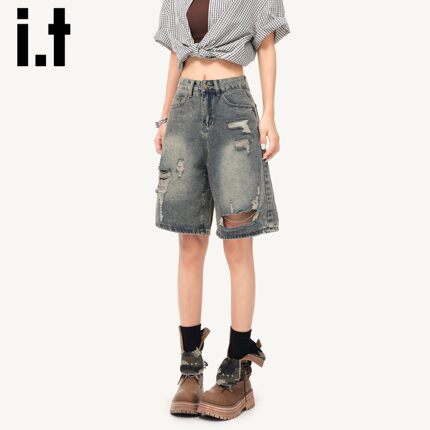 it:CHOCOOLATE覆古蓝破洞牛仔裤女2026新款夏薄款高腰阔腿五分裤