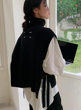 纯色高领飘带背心毛衣秋冬季韩版披肩马甲女厚款百搭款式洋1009r