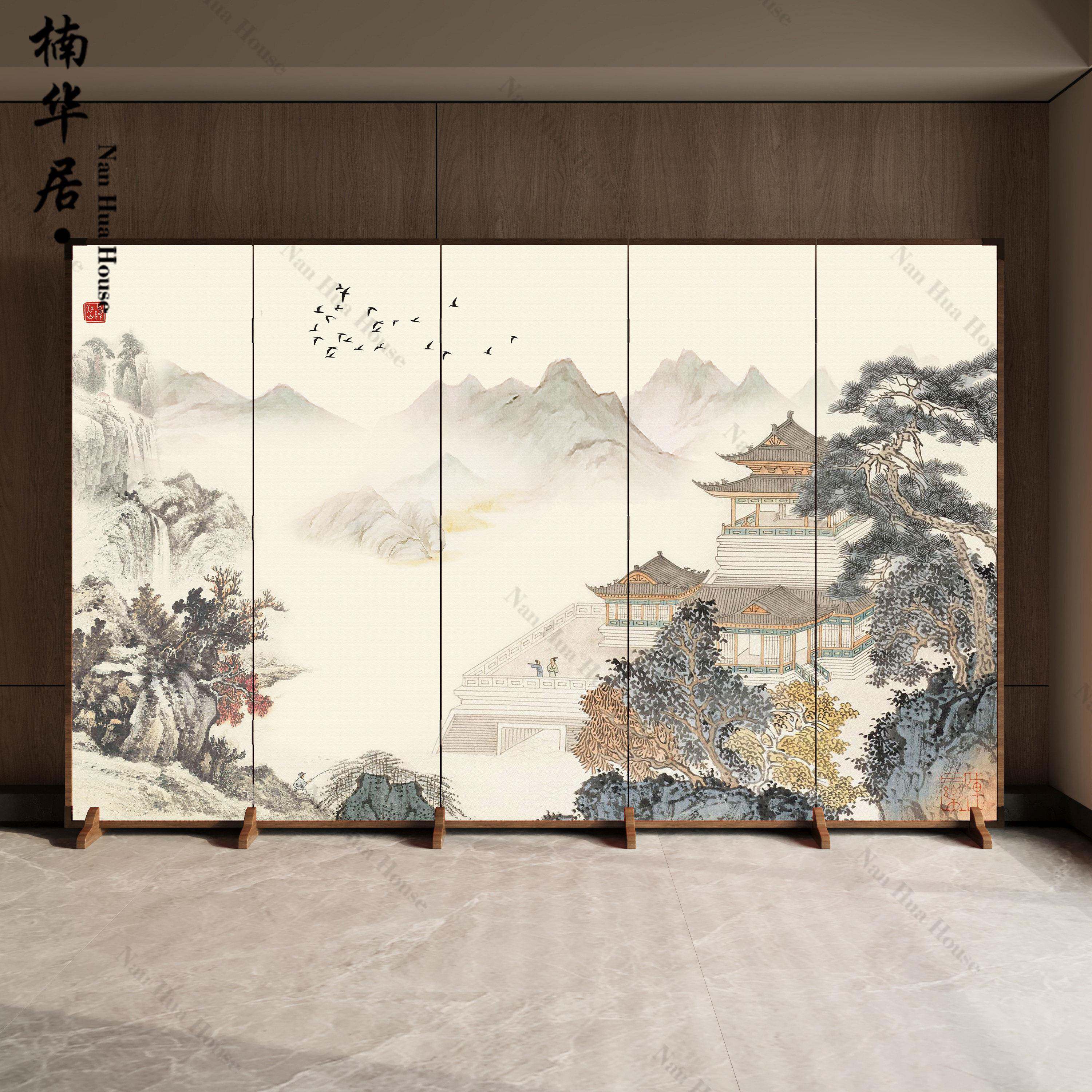 中式山水画实木折叠屏风隔断客厅办公室卧室双面遮挡家用入户隔断