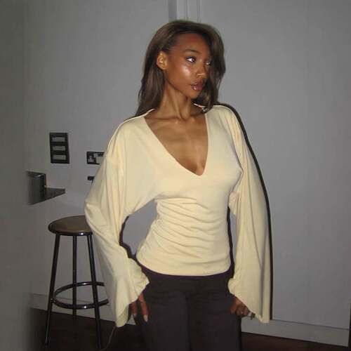 Pure Color V Neck Top Blouse Casual Fashion for Women