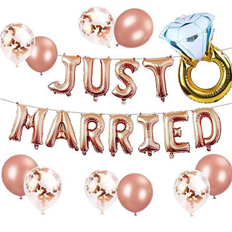 玫瑰金just married字母铝膜气球戒指气球婚礼派对装饰结婚房布置