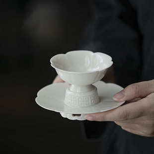 仿宋手工浮雕莲花盏杯功夫茶具陶瓷高足主人杯茶杯品茗杯茶盏