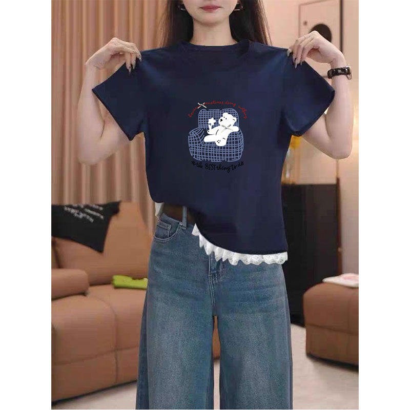 韩国夏季新款正肩圆领纯棉短袖t恤女花边小众设计感时尚洋派上衣
