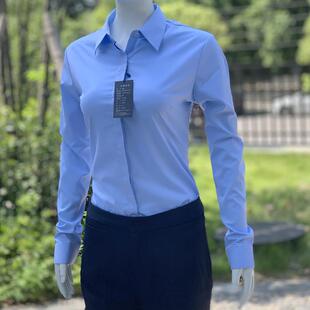 女衬衫职业装衬衣女款微胖修身工装蓝色斜纹职业通勤蓝色V领大码