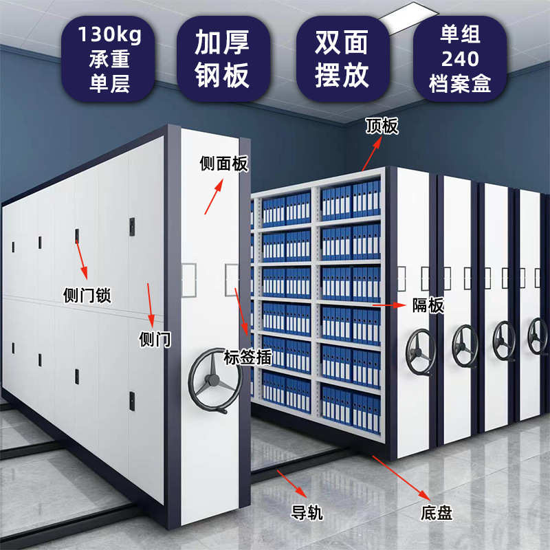 手摇密集架智能电动密集柜可移动书架货架轨道式档案资料文件柜子