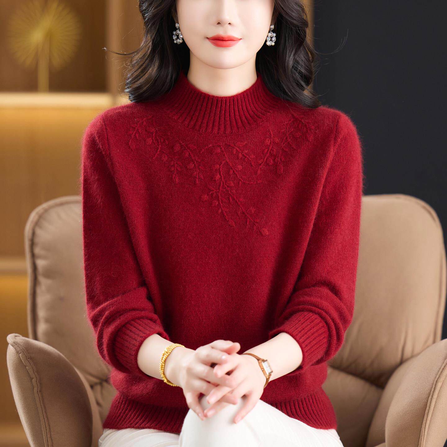 中老年纯羊绒衫女半高领提花套头毛衣妈妈装本命年新年加厚打底衫