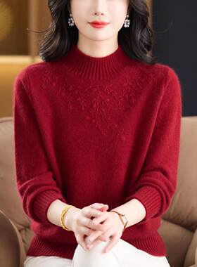 中老年纯羊绒衫女半高领提花套头毛衣妈妈装本命年新年加厚打底衫