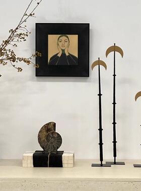 现代意式法式中古侘寂风金属新月三件套摆件茶室书房桌面家居装饰