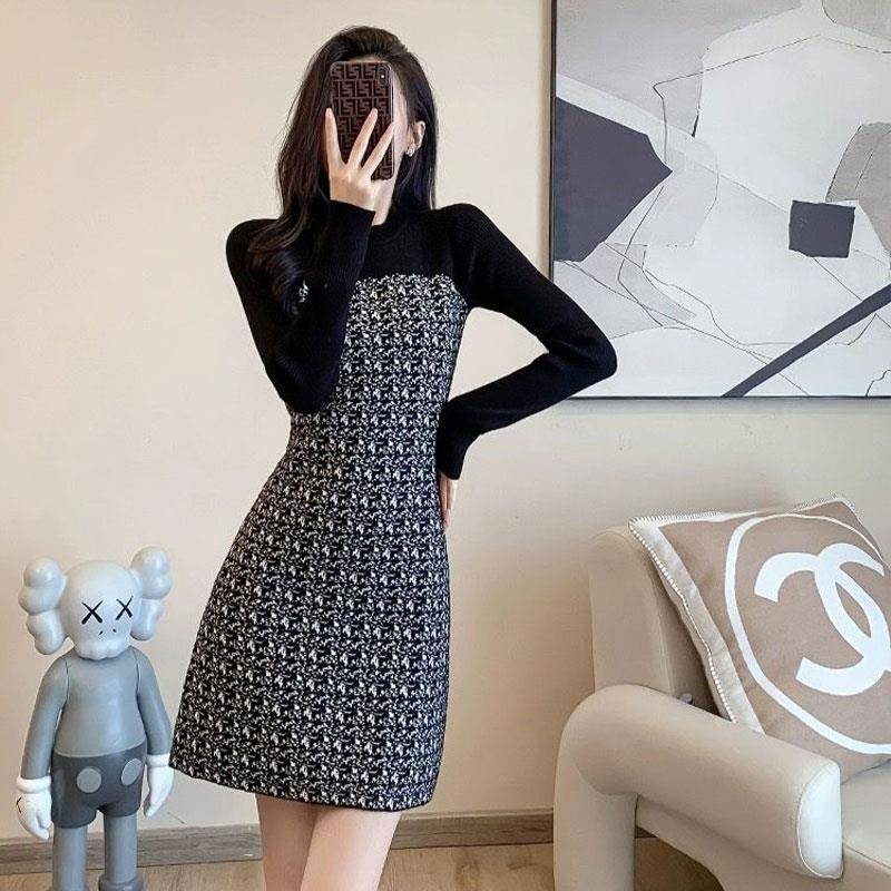 新品秋季港风假两件长袖连衣裙女2026新款收腰显瘦气质针织包臀短