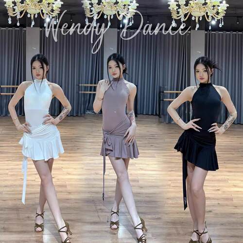 wend舞服拉丁舞服新款练功服表演服黑白裸挂颈绑带上衣鱼尾臀巾