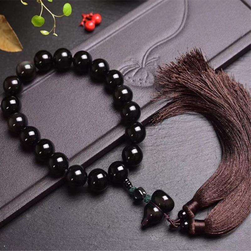 天然彩虹眼黑曜石16-18mm圆珠搭配彩眼葫芦手工流苏车挂