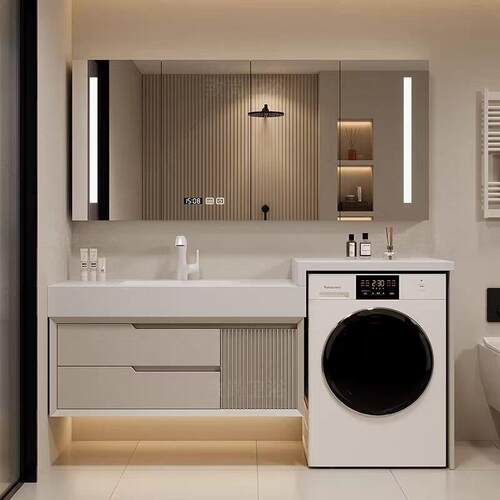 法式橡木洗衣机一体柜阳台浴室柜组合卫生间岩板热弯陶瓷盆洗漱台