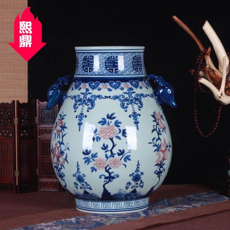 景德镇工艺品摆件中式仿古瓷器 家居摆设古典手绘青花瓷福筒鹿尊