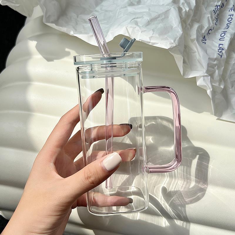 方形玻璃杯女士高颜值吸管水杯家用带把手透明简约平底可加热杯子图片