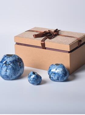 新款花陶瓷水培花器多肉花瓶 手青陶瓷石头插 花绘办公室摆件花盆