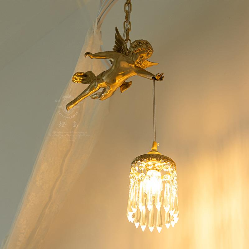 复古法式全铜天使吊灯Vintage中古风格美式时尚床头餐厅水晶灯具