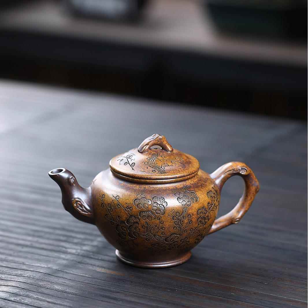 报春柴烧花茶壶手砂刻47904梅宜兴紫壶堂直播供工头茶具