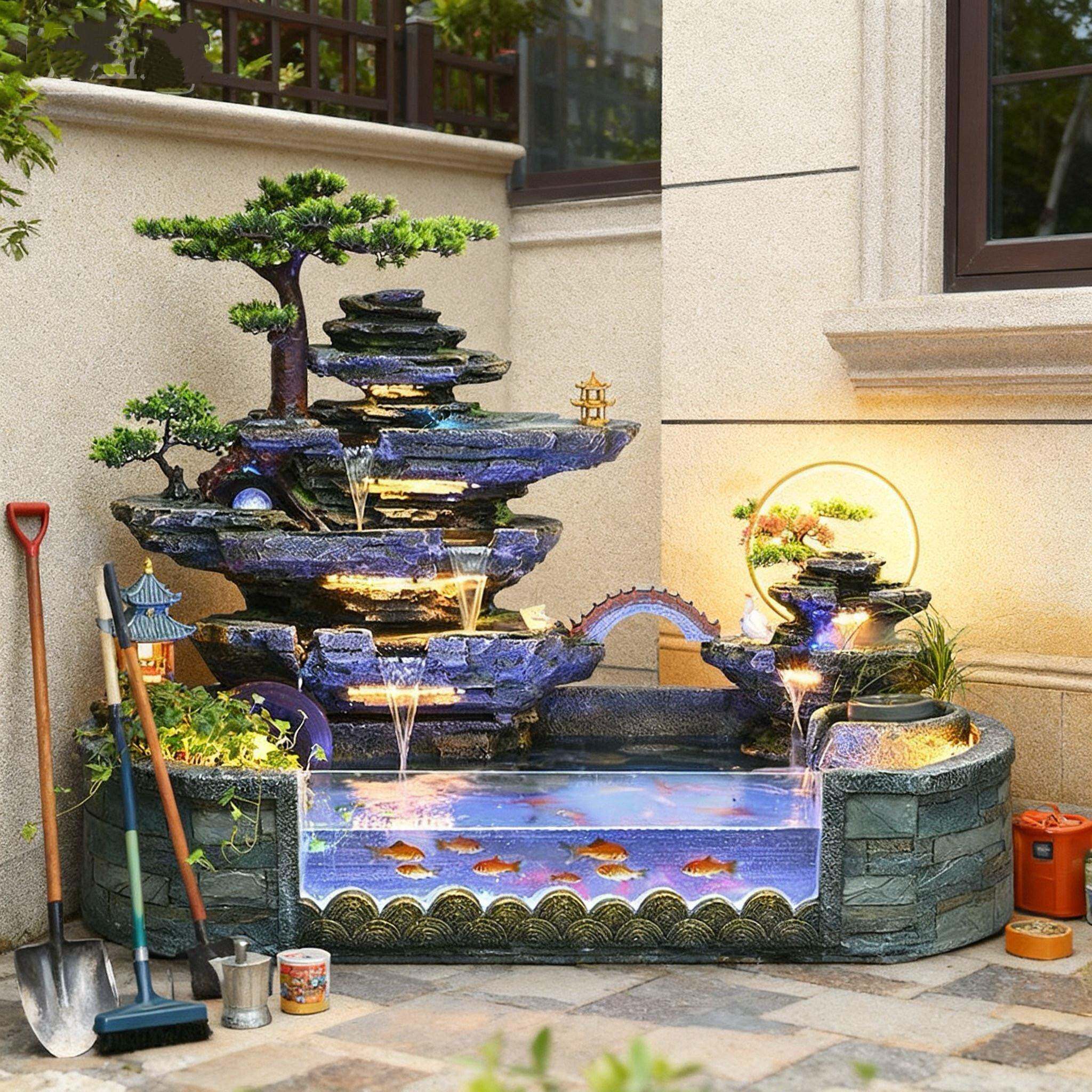 太阳能假山流水墙水幕不插电喷泉鱼缸户外观赏养鱼池装饰落地摆件