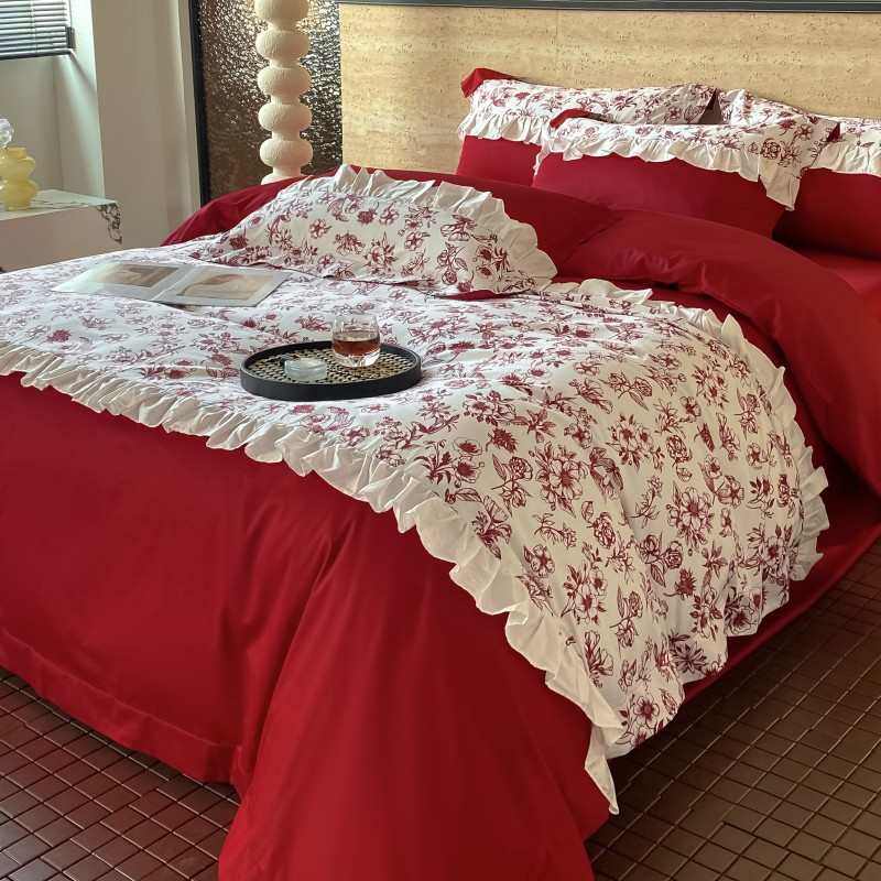 法式100支婚嫁长绒棉结婚四件套红色被套纯棉新婚庆床上用品婚房4,床上用品,婚庆床品套件,淘宝优惠券,粉丝福利购,淘宝优惠卷