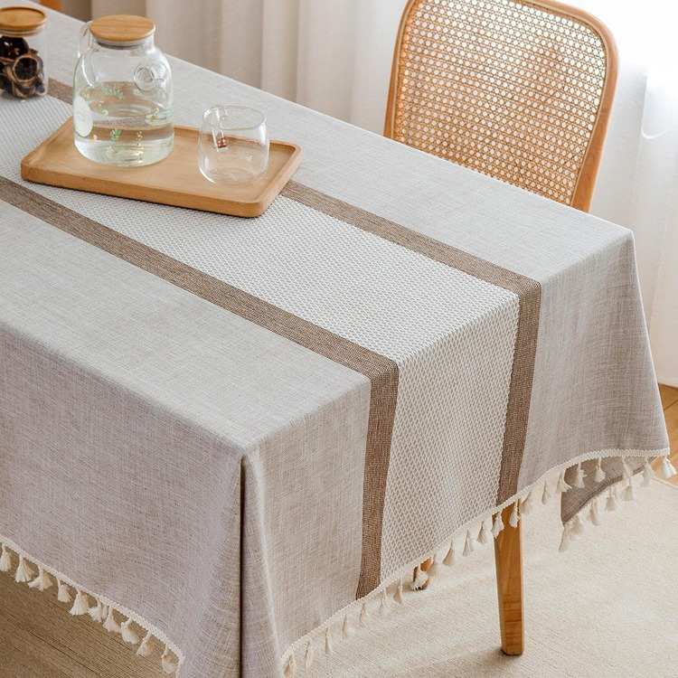 日式棉麻餐桌布长方形轻奢高级感文艺条纹现代简约茶几布盖布布艺
