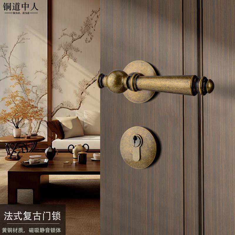全铜简约窄边门锁覆古静音房门卧室锁法式古铜色黄铜实心门把手