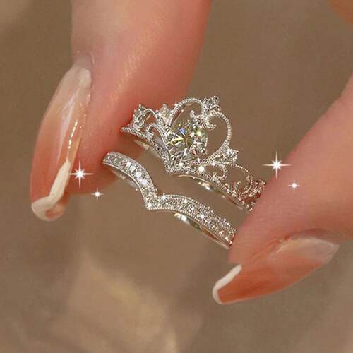 Rings set 2 pieces希音爆款皇冠钻戒结婚对戒开口戒指2件套Ring
