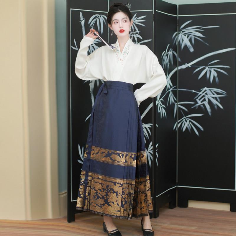 极速配马面裙的飞机袖衬衫成人女汉服秋季国风上衣新中式V领系带