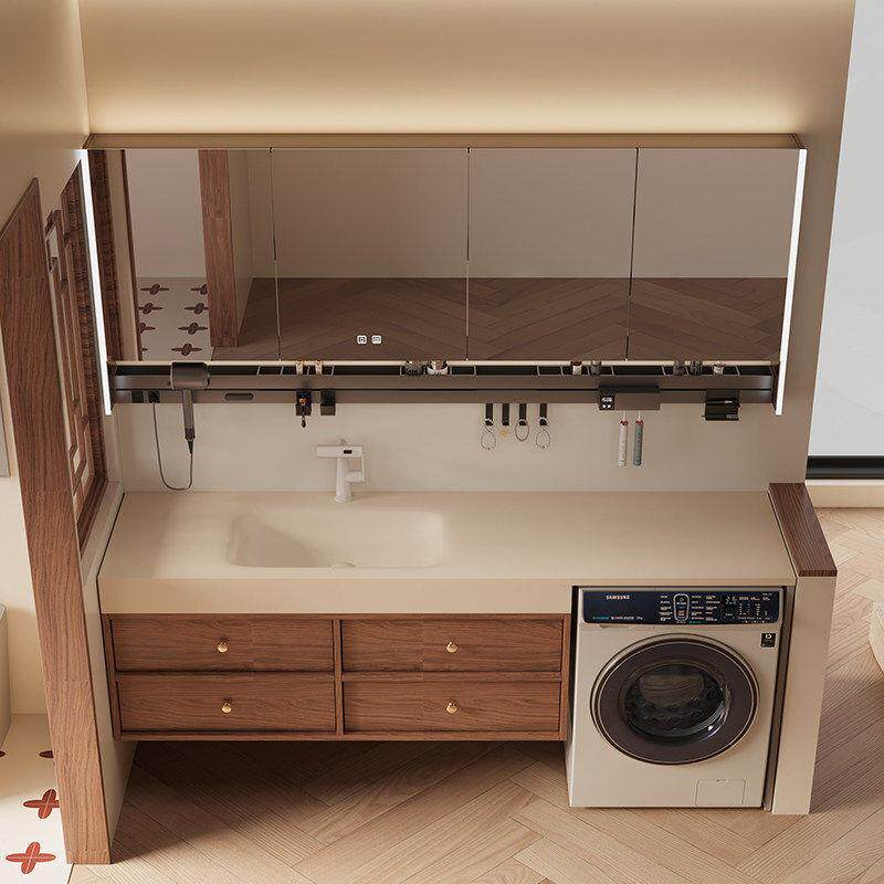 中古风浴室柜洗衣机组合宋式岩板热弯一体台面盆洗漱台洗手盆镜柜