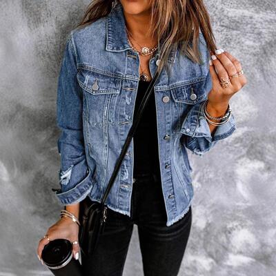 Womens Shiny Ripped Denim Jacket - Light Blue Dark Blue -