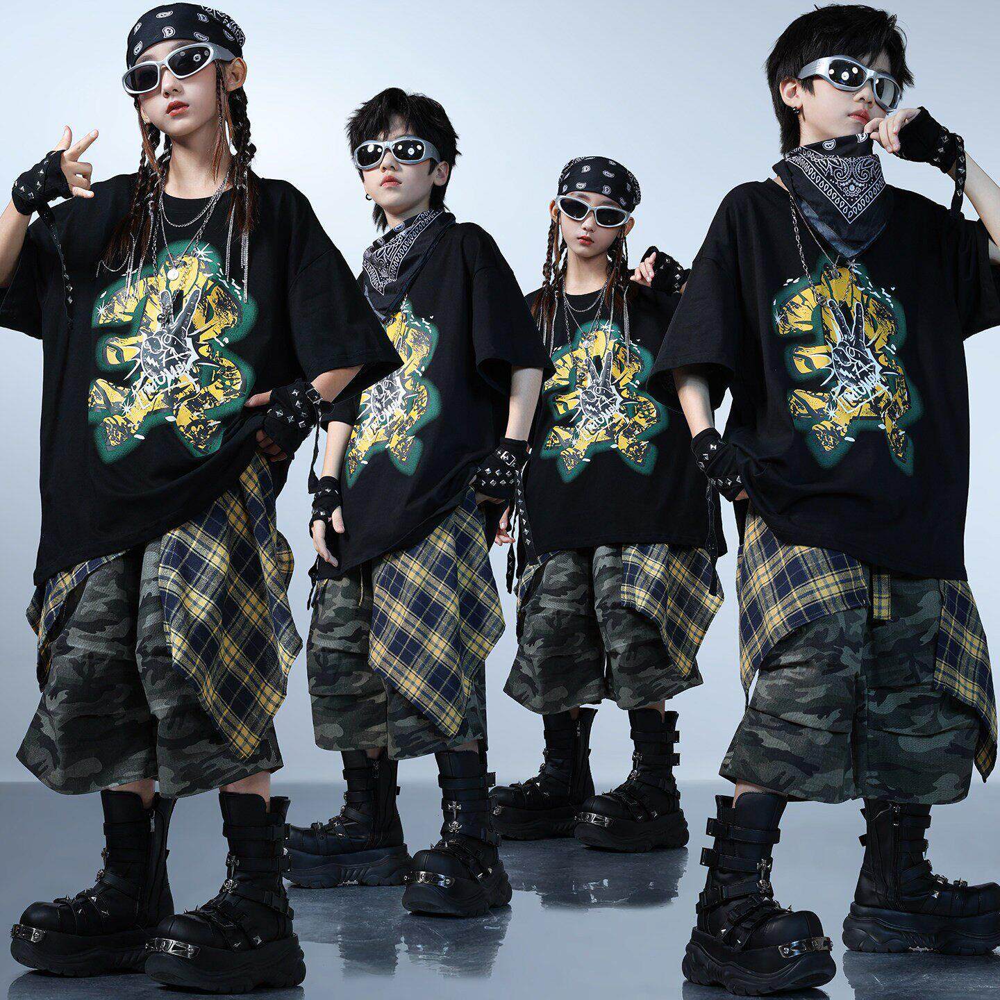 儿童街舞演出服幼儿时尚架子鼓表演男孩嘻哈hiphop服女童爵士舞服图片