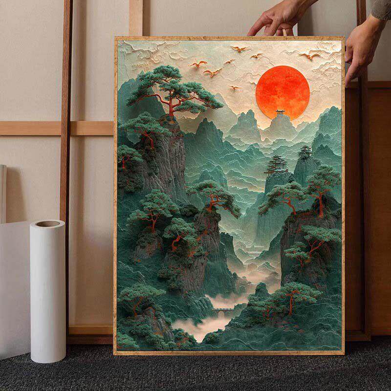 新中式山水装饰画国风画风景艺术壁画入门玄关挂画太阳悬挂家庭画