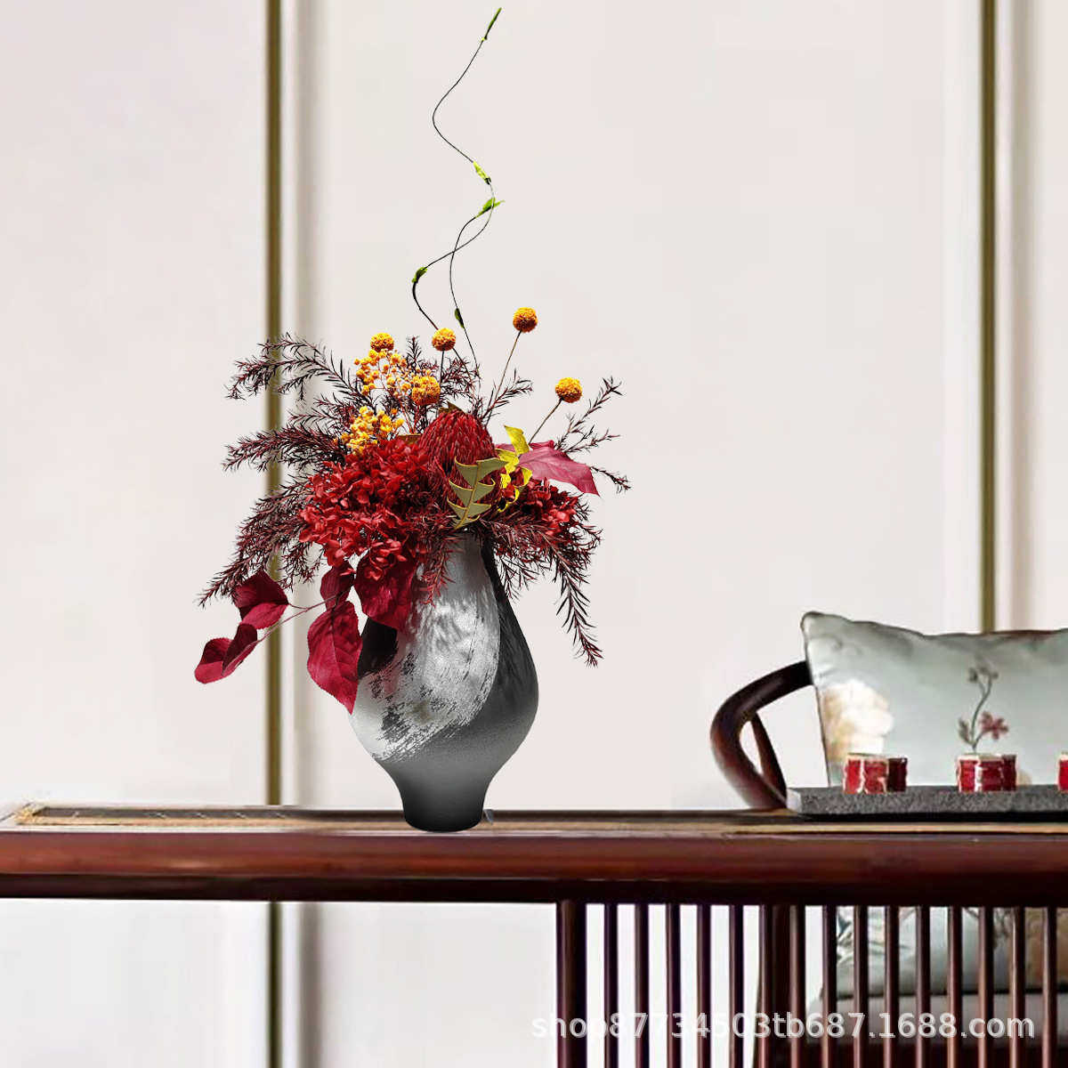 新中式红色花艺酒店高档装饰花样板间博古架桌面仿真植物盆景摆设,鲜花速递/花卉仿真/绿植园艺,仿真绿植,淘宝优惠券,粉丝福利购,淘宝优惠卷