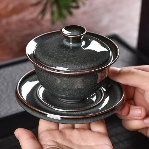 青瓷纯手工三才盖碗茶杯铁胎冰裂纹敬泡茶碗大号功夫茶具单个家用